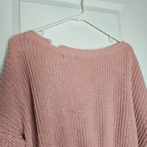 Women's Pink Cropped Distressed Knit Sweater, Size S - Picture 9 of 16